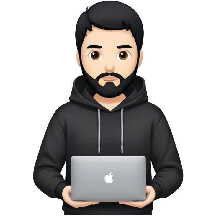 hackeur blanc cheveux noir barbe et capuche noir avec un macbook emoji
