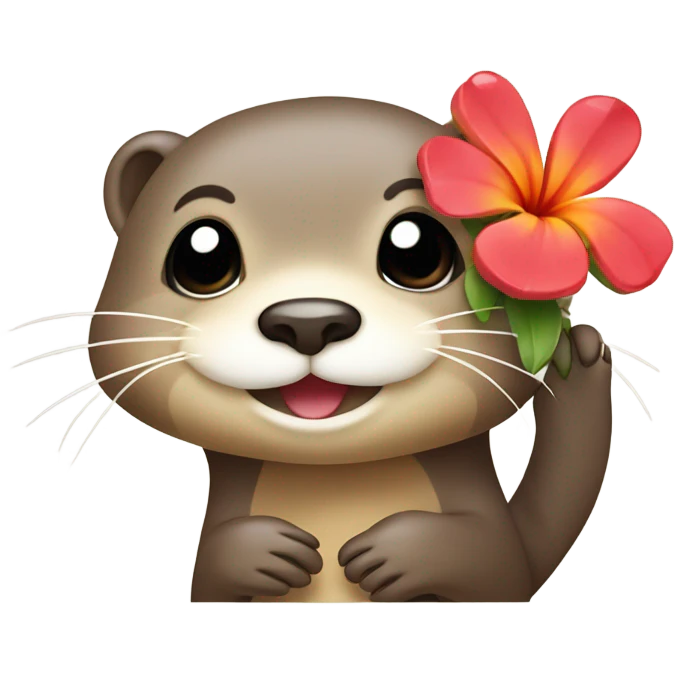 A happy and cute otter face with a Hawaiian flower tucked behind its ear, holding a heart. emoji