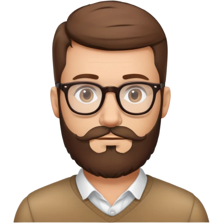 male character with glasses, French cut hairstyle, brown hair, fine full beard emoji