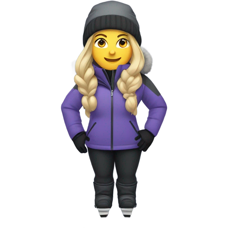 Chubby female long blonde hair skier with purpley-grey jacket and black pants showing whole body. emoji