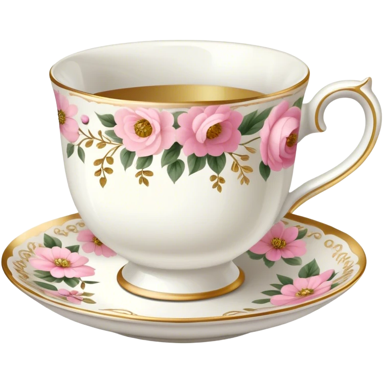 White teacup with baby pink floral antique print with gold accents  emoji