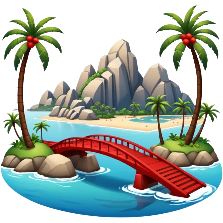advanced modern island with advanced infrastructure, parks, contemporary architecture, beaches with palm trees, and a red bridge on one side emoji