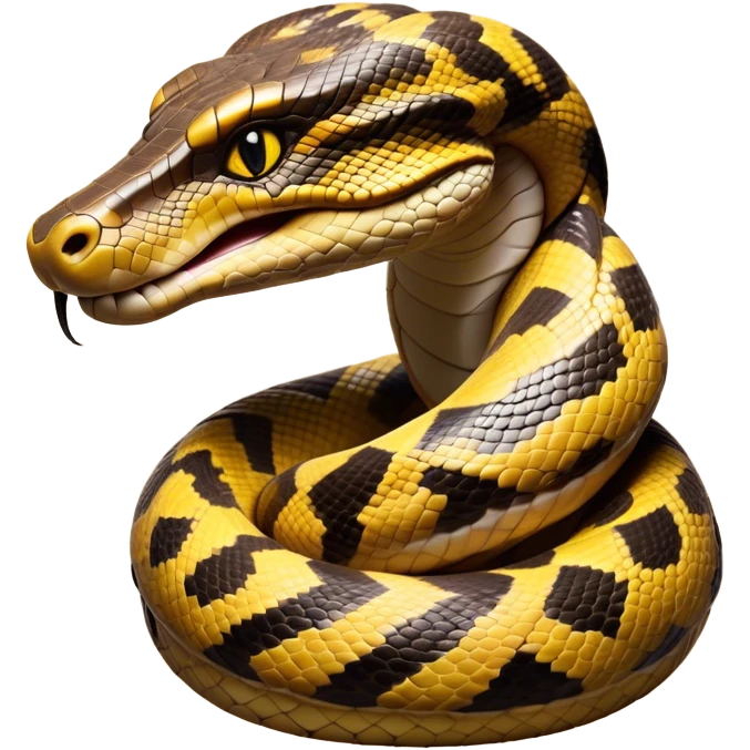 Cinematic Noble Anaconda Portrait Emoji, Poised and imposing, with a massive, sinuous build draped in intricately patterned scales and piercing, focused eyes, Simplified yet sharp and sophisticated features, highly detailed, glowing with a soft, earthy glow, high shine, intelligent and formidable, stylized with an air of primal elegance, focused and mysterious, soft glowing outline, capturing the essence of a watchful jungle guardian that feels as though it could coil out of the screen with effortless authority! emoji