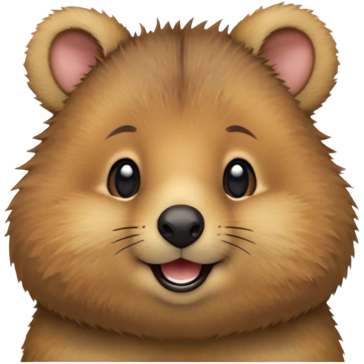 cinematic-realistic quokka-emoji,-small-round-frame, head tilted in an endearing manner, comical smile, round cheeks, giant-fluffy-cheeks-large-smile-fluffy-brown-fur-radiating-a-warm-softness,-big-round-eyes-filled-with-joy, realistic round  fluffy zoomed in, large black eyes emoji