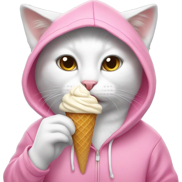 A white cat eating ice cream while wearing a pink hoodie emoji