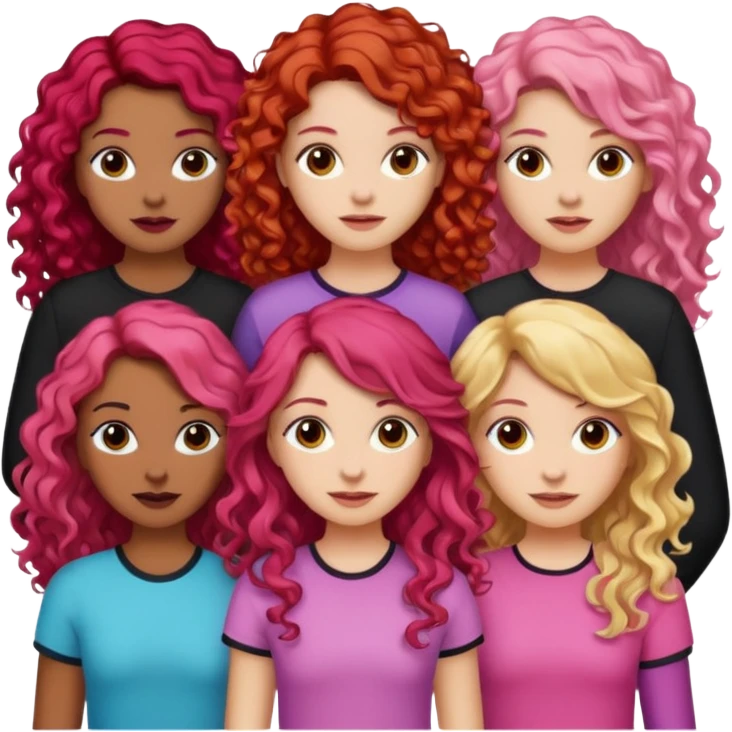 5 girlsone curly redhead, one with brunette dyed blonde hair, one long haired wavy brunette, one mid-length haired brunette, and one black haired girl with partially dyed bright red/pink hair emoji