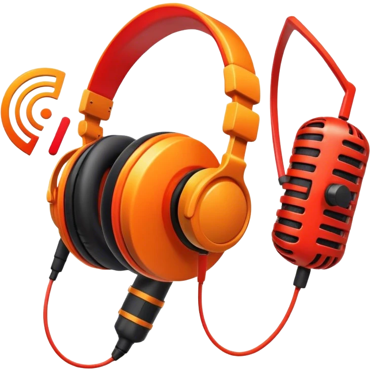 Create a dynamic and creative emoji that represents voiceover and dubbing. The design should feature a microphone, a pair of studio headphones, and sound waveforms to symbolize the recording and manipulation of voice. Add subtle details like a film reel or a speech bubble to represent the dubbing aspect. Use vibrant colors like orange, red, or purple to evoke energy and creativity in voiceover work. The background should be transparent. emoji