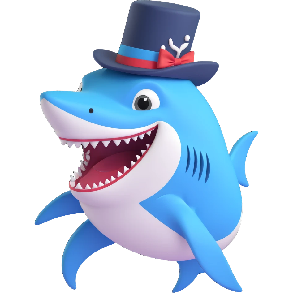 cartoon shark with a fancy top hat, smiling emoji
