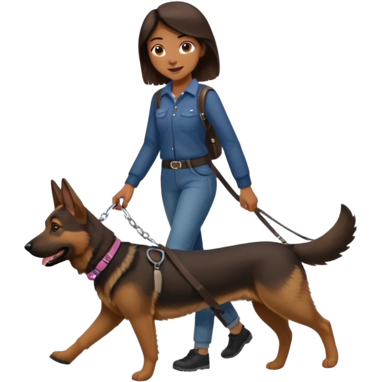 a girl with a brown dark hair, she's walking her dog is a german shepard emoji