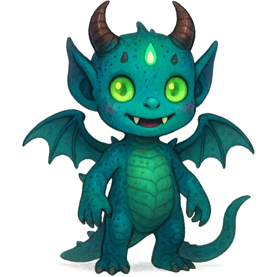 whimsical endearing kid with 60% dragon features (reptilian features, wings), 20% demon traits (horns, fangs), and 20% alien traits (strange skin color, glowing elements) emoji