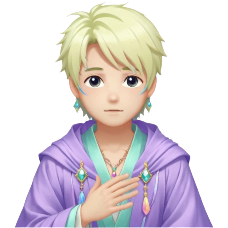Beautiful gorgeous romantic blushing youthful handsome anime guy with beautiful iridescent-pastel-whitish-special-gently-tousled-medium-hair, fashion aesthetic, ethereal, fairycore, pastelcore, layered robes, accessories, jewelries, colorful, shiny, trending style, outside emoji