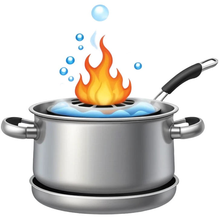 cooking pot on stovetop fire with steam and bubbles rising emoji