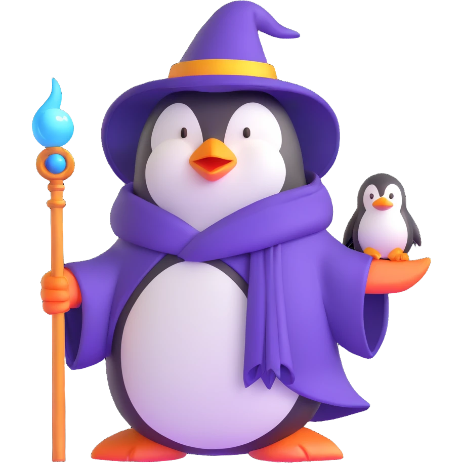penguin wizard with magic staff and wizard robe emoji