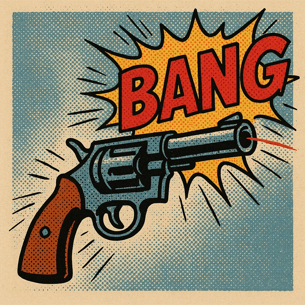 cartoon-style revolver firing with comic-style 'BANG' text popping out from the barrel instead of a bullet, old school comic book style, bright colors, exaggerated motion lines emoji