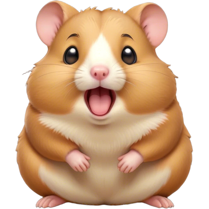 Cinematic Cute Yawning Brown Hamster Portrait Emoji, Head tilted slightly with a dramatic, wide-open yawn, showcasing a smooth, rich brown fur with tiny droopy ears, round dark eyes barely open in drowsy contentment, Simplified yet irresistibly adorable features, highly detailed, glowing with a soft, cozy glow, high shine, relaxed yet expressive, stylized with a touch of whimsy, bright and endearing, soft glowing outline, capturing the essence of a sleepy yet affectionate hamster, so drowsy it feels like it could stretch out of the screen and curl up for a nap! emoji
