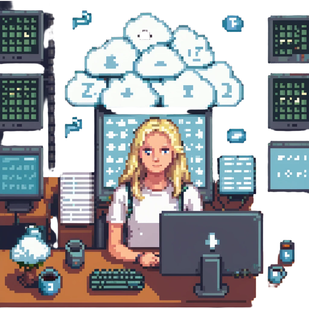 pixel art avatar of young blonde Dutch software engineer, age 28, surrounded by code and cloud symbols emoji