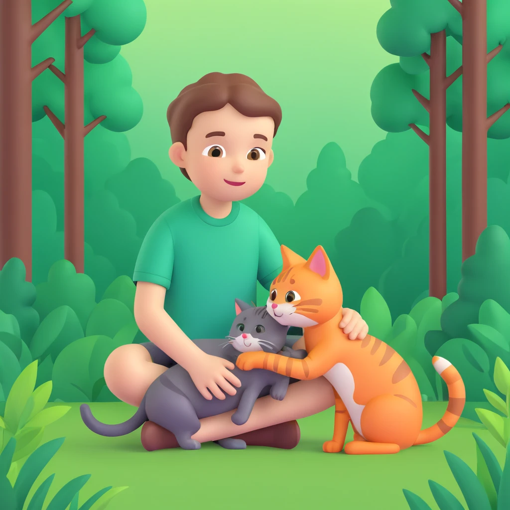 boy and cat pet in forrest background, close up pose emoji