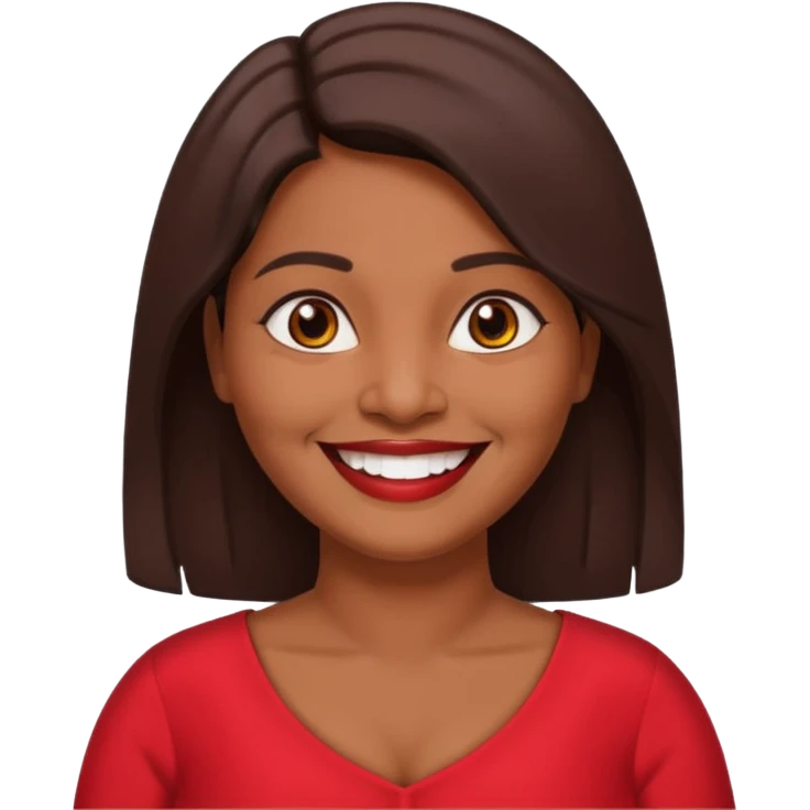50 yr old chubby Sri Lankan woman, dark skin, straight brown hair, big smile, white teeth, red dress clothes, shoulder length hair emoji