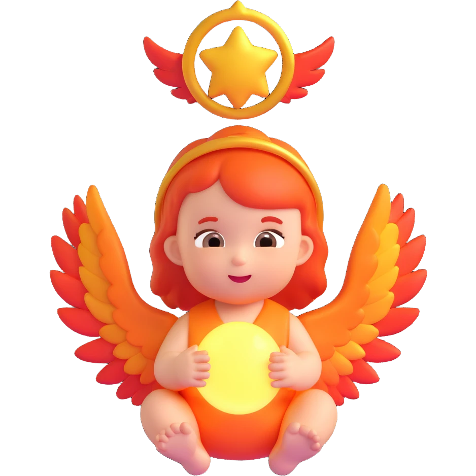 baby fire angel, cute face, glowing halo, fiery wings, 3D emoji style emoji