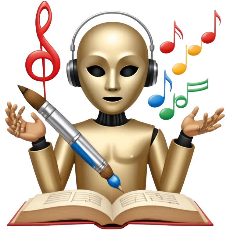 A metallic humanoid figure whose torso is a circle divided into 4 clear segments, each segment containing a distinct icon: paintbrush (visual arts), music note (musical arts), theater masks (theatrical arts), and an open book (literary arts) emoji