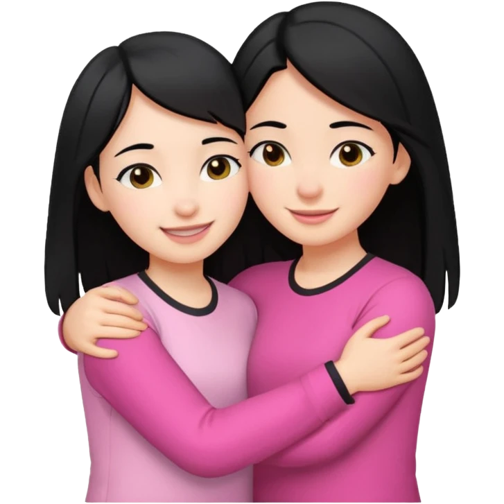 Two girls with black hair, one wearing white shirt and the other is pink shirt, hugging each other emoji