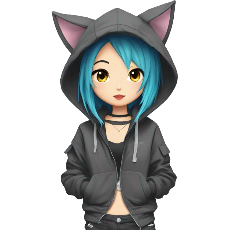 Edgy cool shy colorful Asian urban beautiful pretty anime punk tomboy with cat ears techwear cargo pants hoodie collar  emoji