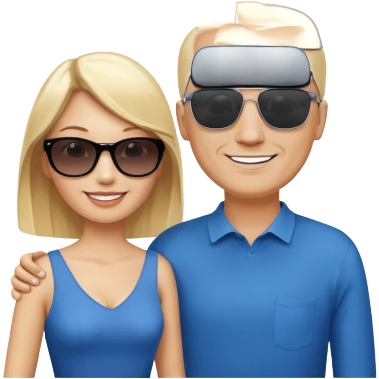 White woman with blonde hair wearing sunglasses and a blue dress, standing next to a tall bald white man emoji