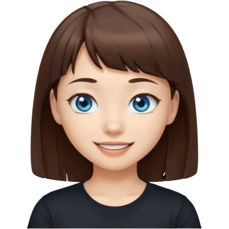 a girl with narrow Asian blue eyes, brown hair, and a small bang below her shoulders, wearing a black T-shirt, winking emoji