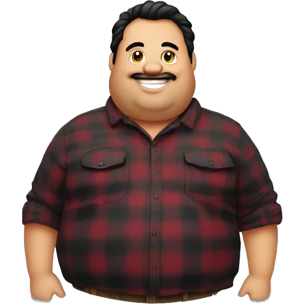 Fat man wearing a darkred and black plaid flannel shirt profile picture, happy, black hair emoji