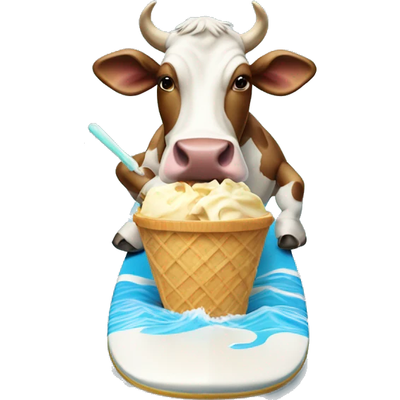 Cow on a surfboard eating an icecream emoji
