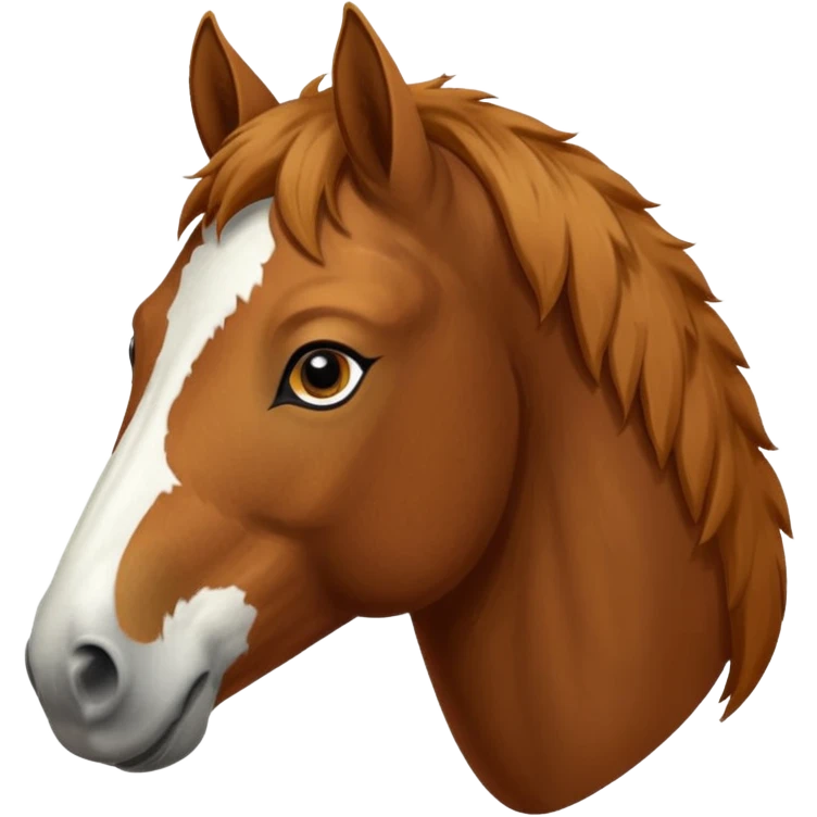 Head of a sorrel horse with a wide white blaze from his forehead, under his forelock, running down his face and under his muzzle, facing forward. emoji