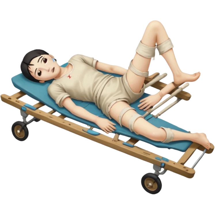 human figure, oriental appearance, full length, lying down, with injuries on an old stretcher, 1980 emoji