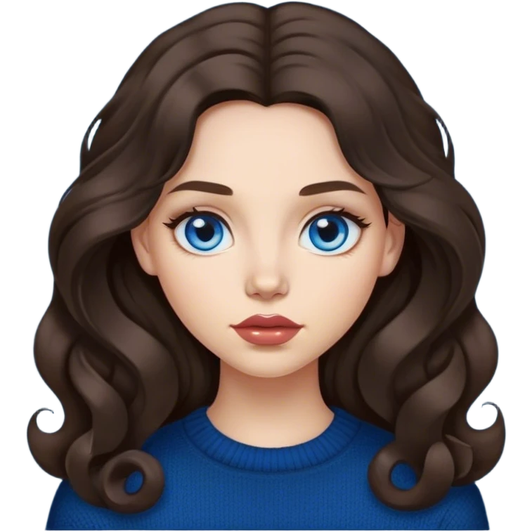 girl with long, lush, lightly curled dark brown hair, big lips and blue eyes, black sweater emoji