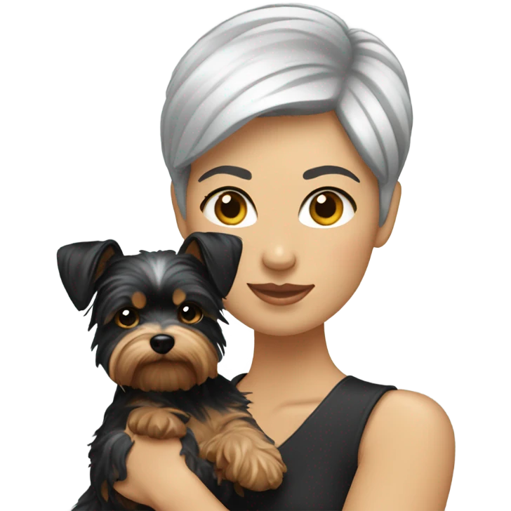 White lady with short black hair holding a Yorkie  emoji