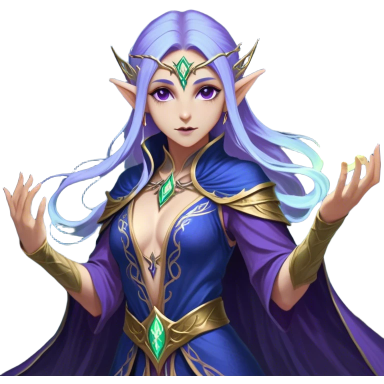 Cinematic Realistic WoW Elf Mage Portrait, captured in a dynamic, battle-ready stance, her graceful form exuding raw arcane energy. Her luminous skin and delicate features, set against an intricately detailed robe in consistent deep blues and purples with golden accents, are rendered with lifelike texture and dynamic, magical lighting, high shine, fierce and commanding, embodying the relentless spirit of an elven sorceress mid-spell. emoji