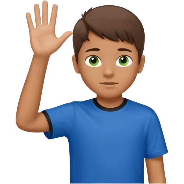 Boy 10 years old, with overgrown brown hair,with a with black and green eyes in a blue T-shirt, waves his hand emoji