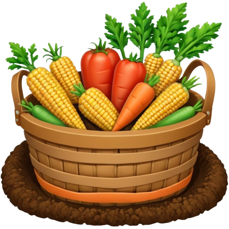 A 3D cartoon basket filled with fresh farm produce like carrots, tomatoes, and corn, placed on soil ground, soft natural lighting, Memoji-style texture. emoji