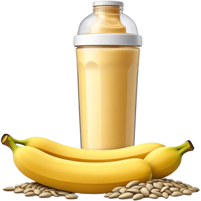 Pre-workout snack: banana with protein shake bottle and sunflower seeds emoji