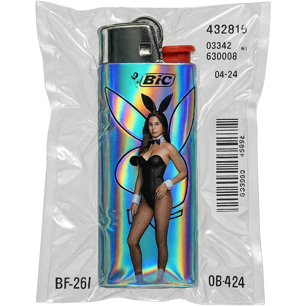 BIC lighter, shiny and inflated, with a holographic Playboy Bunny logo and a model in a black bunny suit emoji