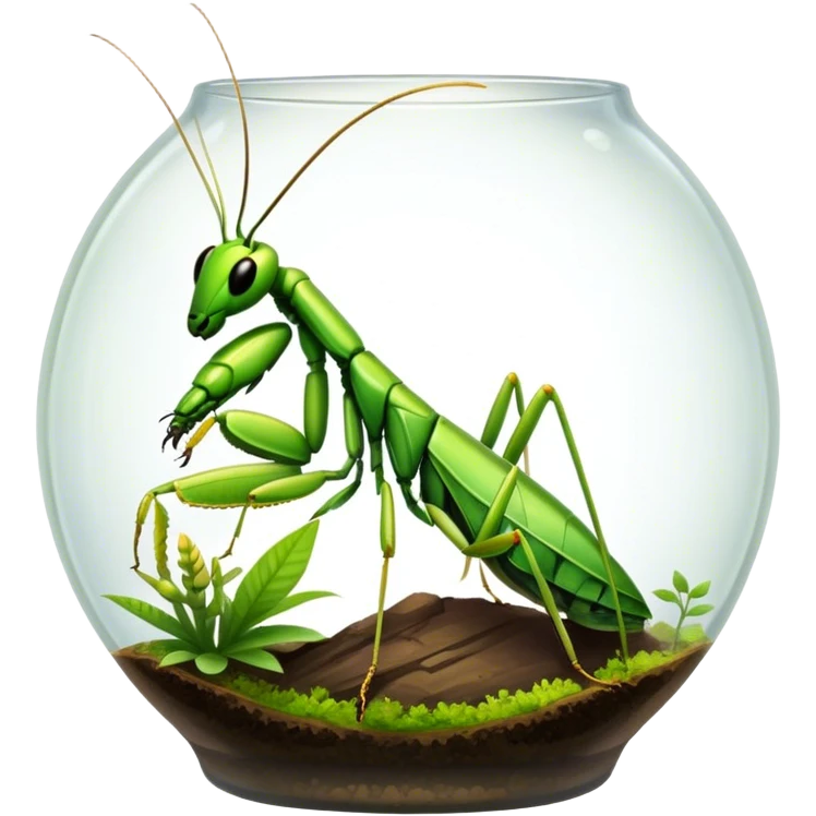 Close-up of home insects in a terrarium, showcasing beetles, praying mantises, and other exotic species in vivid detail, with natural textures of the terrarium. Soft lighting highlights their features. Transparent background. emoji