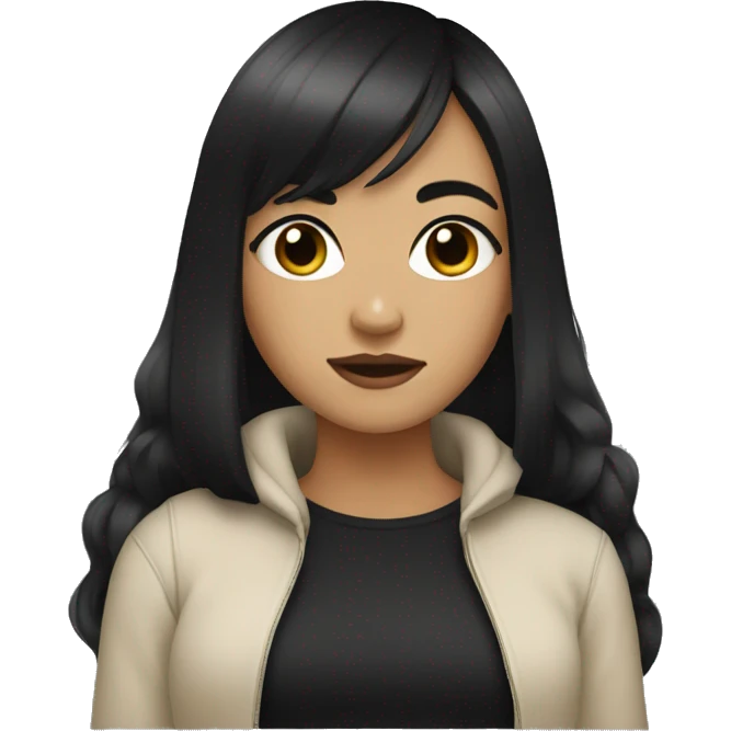 girl, long hair, black hair, bangs, fashionable, wearing black, light skin, looks mean emoji