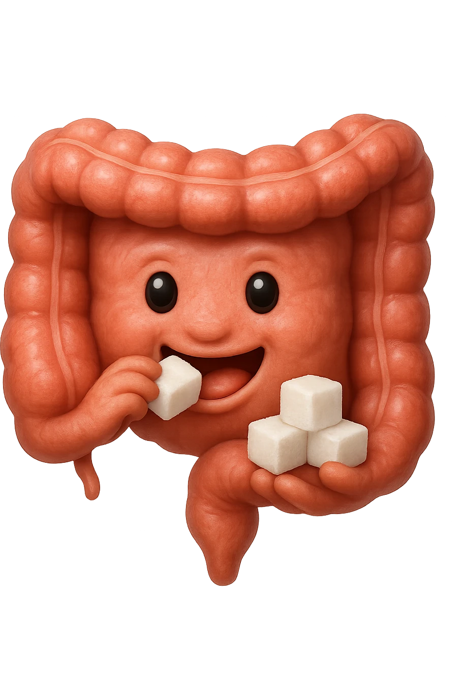 emoji stile iphone di un intestino anatomico che mangia zollette di zucchero, iperrealistico 4k, isolato su sfondo bianco emoji