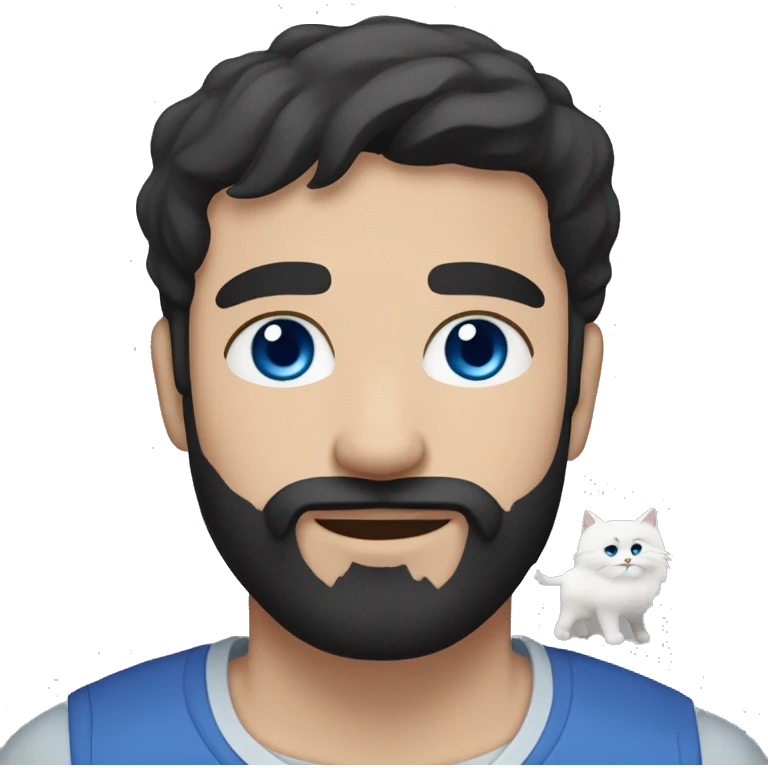 A guy with a black earing and black short hair and black beard and holding a all white Siberian cat with blue eyes  emoji