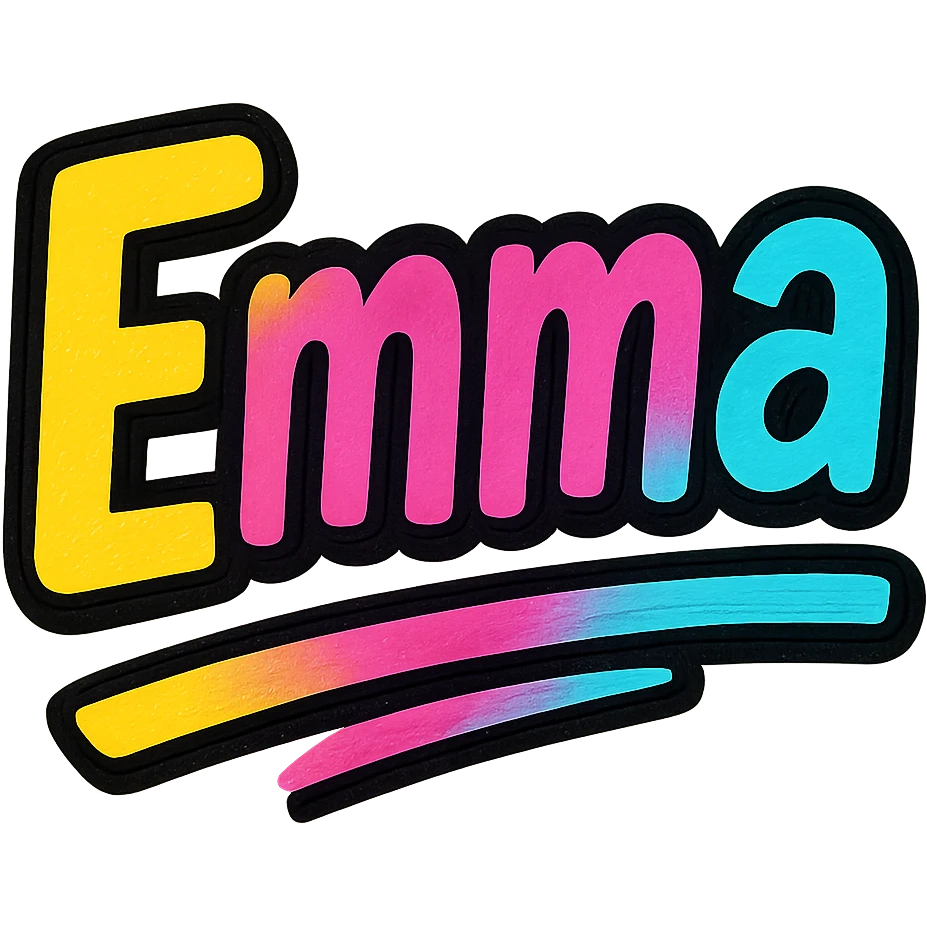 Emma name in modern colorful gradient font with dark outline, dynamic slanted or partial underline, in the style of reference patterns emoji