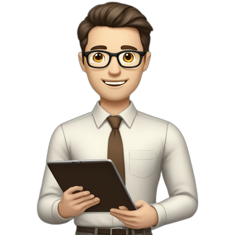 Pale skinned fit man with dark brown hair in gray jacket, beige office shirt, brown tie, brown pants and vintage glasses Writing on the tablet emoji