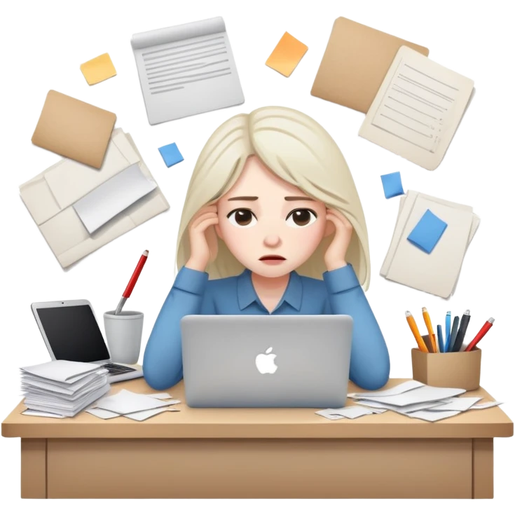 tired woman at a desk with a MacBook, surrounded by messy papers, emphasizing disorganization emoji