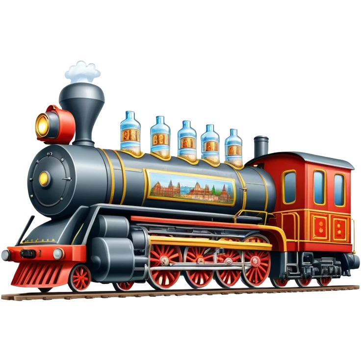 A locomotive train with vodka bottles and Russian elements from Moscow emoji