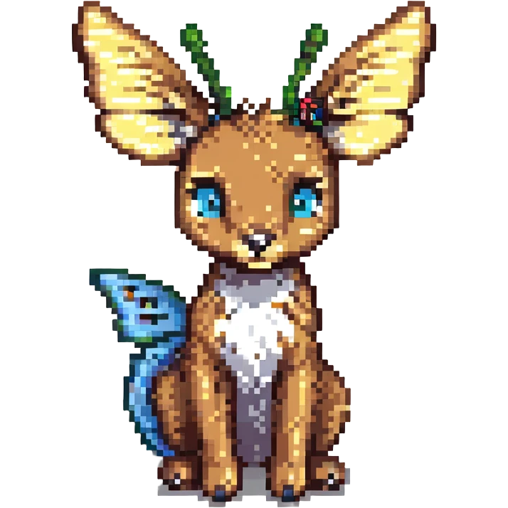 Bambi in pixel art, sitting down, with a butterfly on his tail emoji