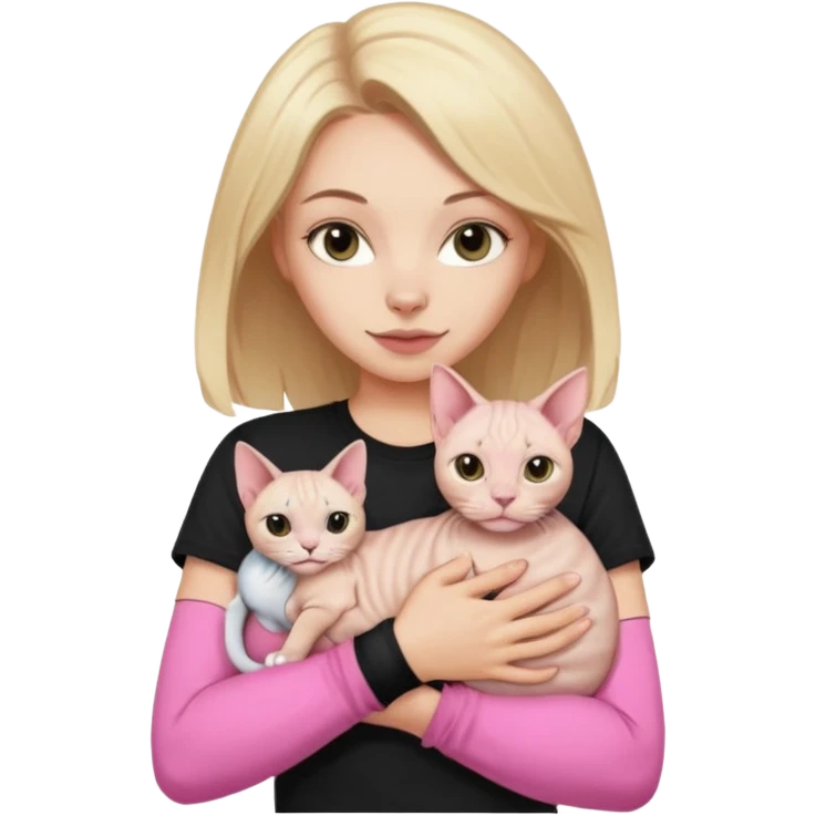 A white girl with light hair in black T-shirt is holding a Sphynx girl cat in her arms emoji