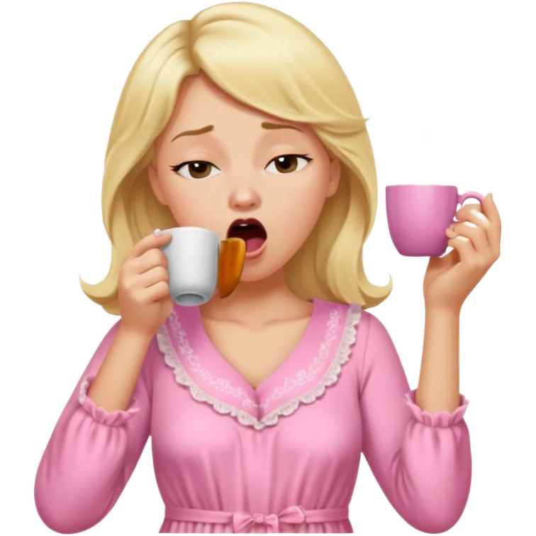 A blonde woman in a pink nightgown yawns, looking sleepy with dark circles under her eyes, drinking coffee, looking like she just woke up emoji